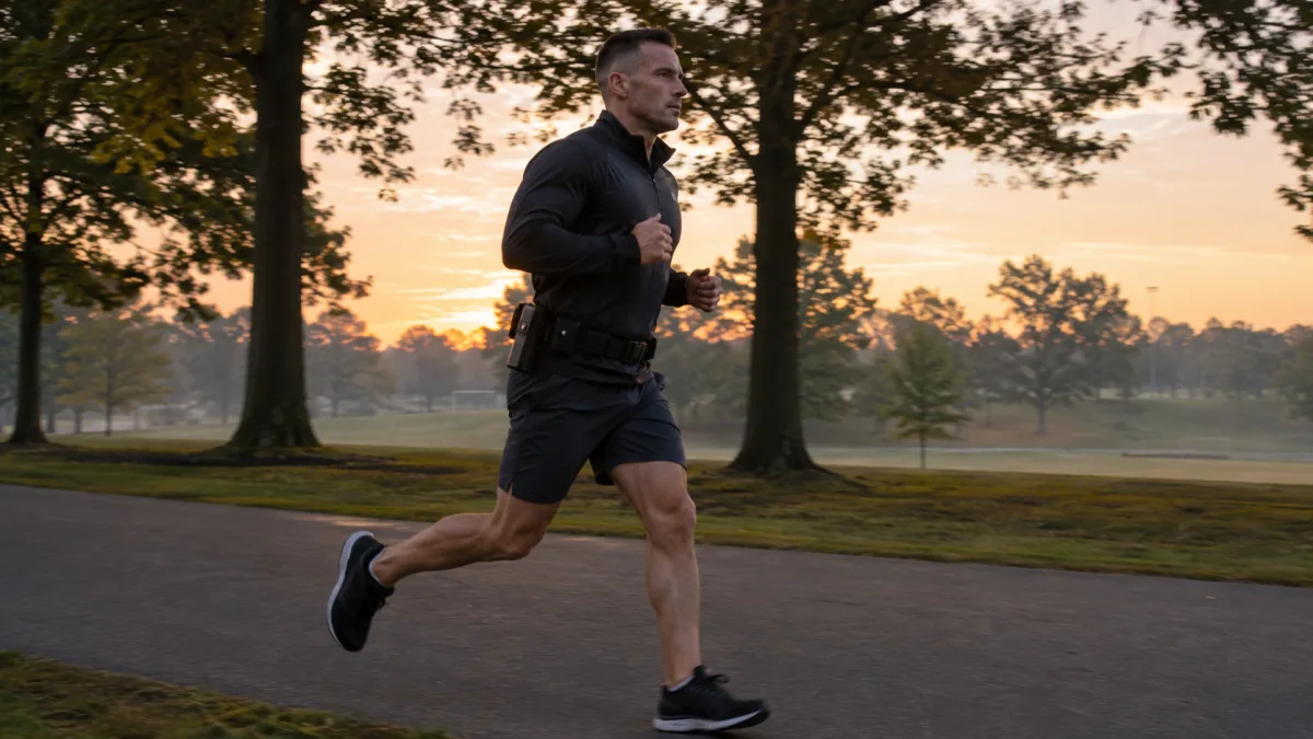 Law enforcement officer running outdoors during early morning fitness training