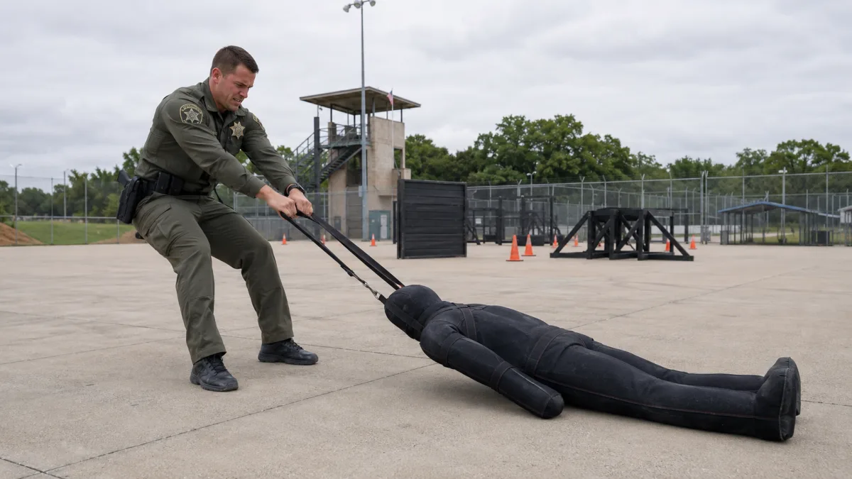 Police officer performing a weighted dummy drag during a functional fitness training session