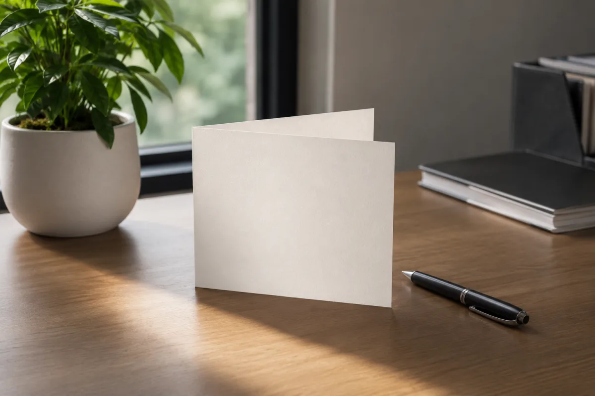 Simple sympathy card on an office desk with a pen
