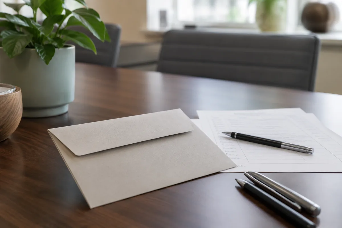 Group sympathy card envelope beside a discreet office sign-in sheet