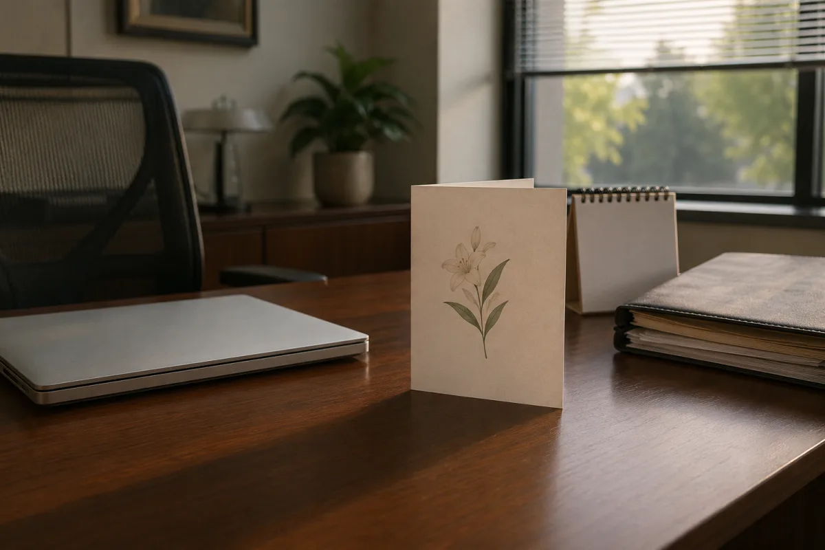 Manager desk with calendar, sympathy card, and covered workload notes