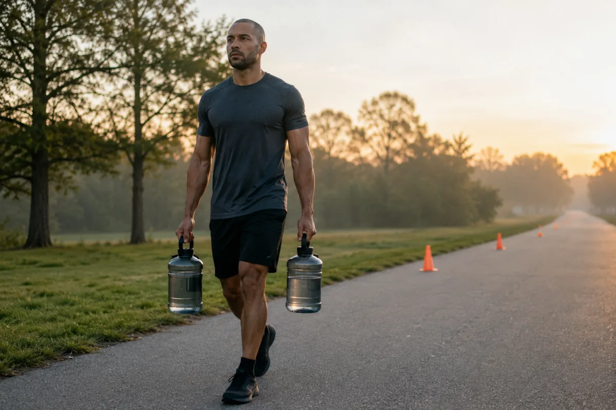 Loaded carry training with water jugs outdoors