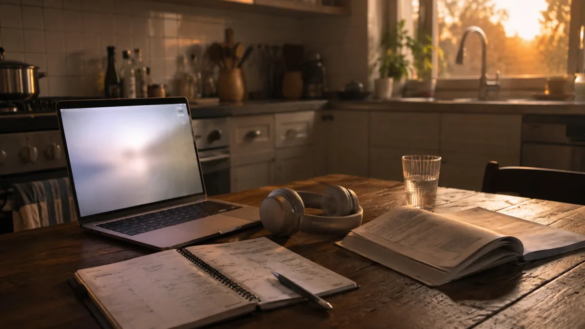 Online course setup at a kitchen table