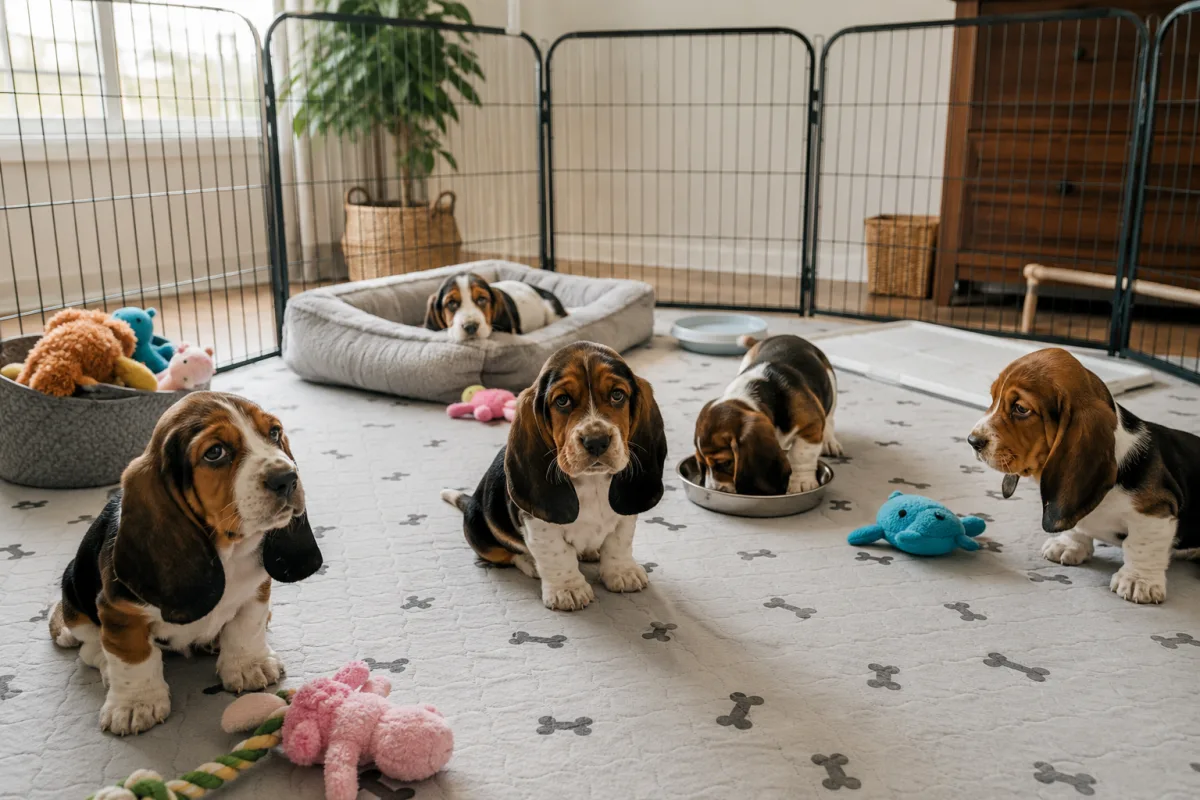 Basset Hound puppies in a clean home socialization area