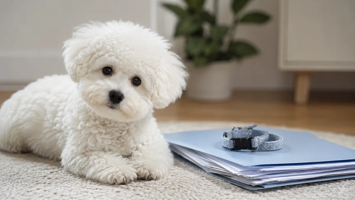 Bichon Frise puppy near health paperwork