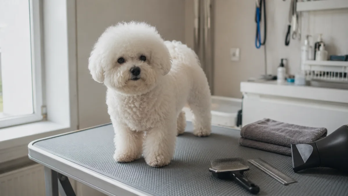 Bichon Frise grooming tools on a table