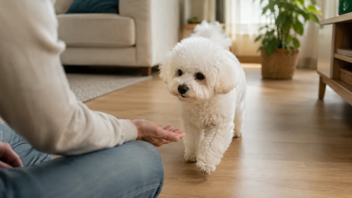 Bichon Frise puppy calmly meeting a visitor