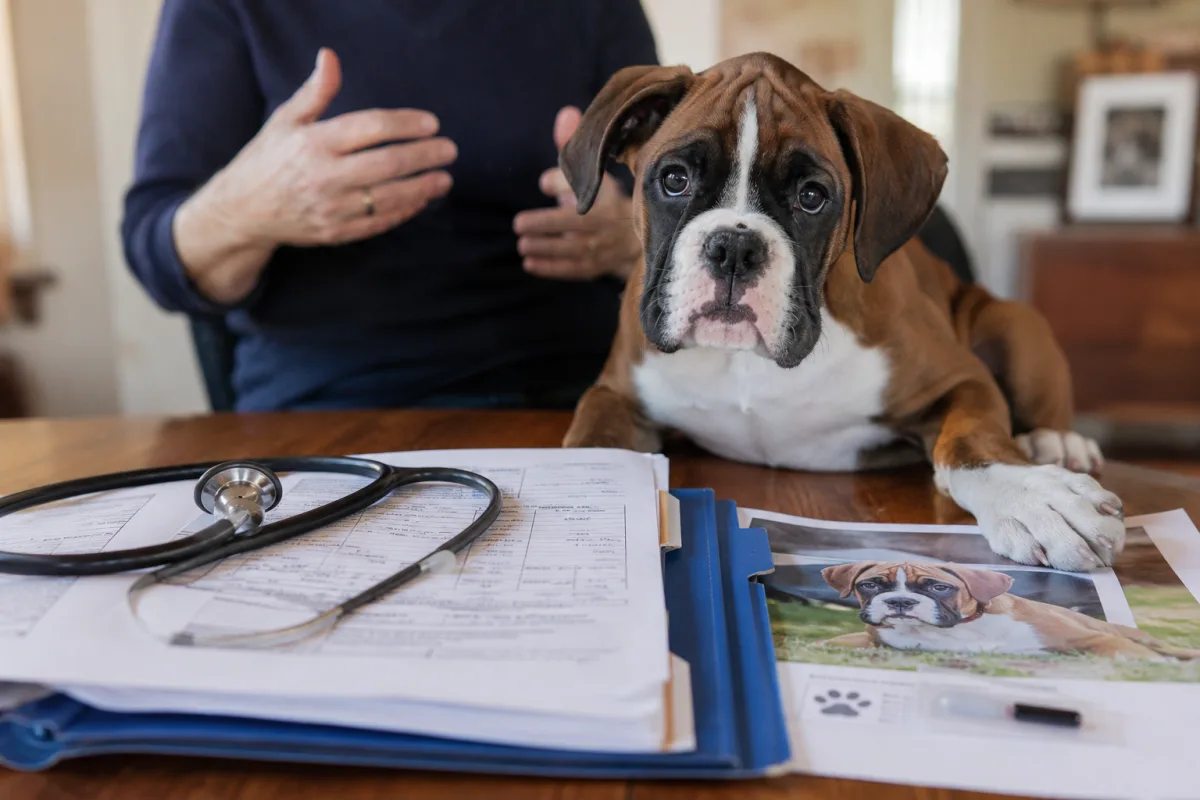 Boxer breeder health records and puppy folder on a table