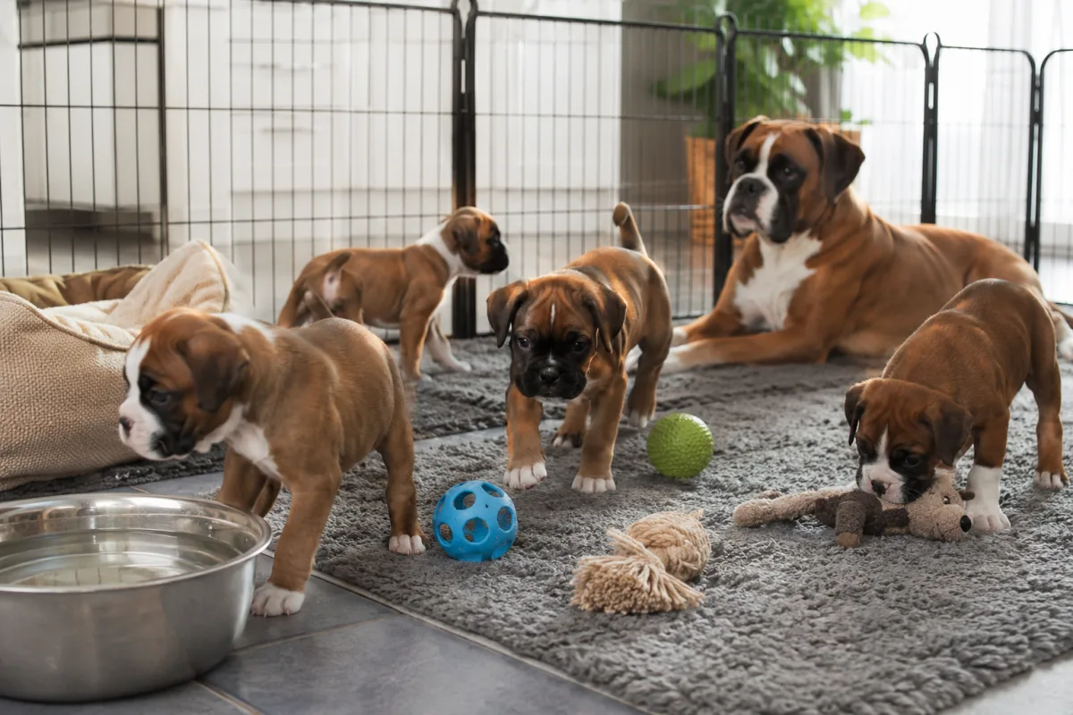 Boxer puppies exploring a clean indoor puppy area