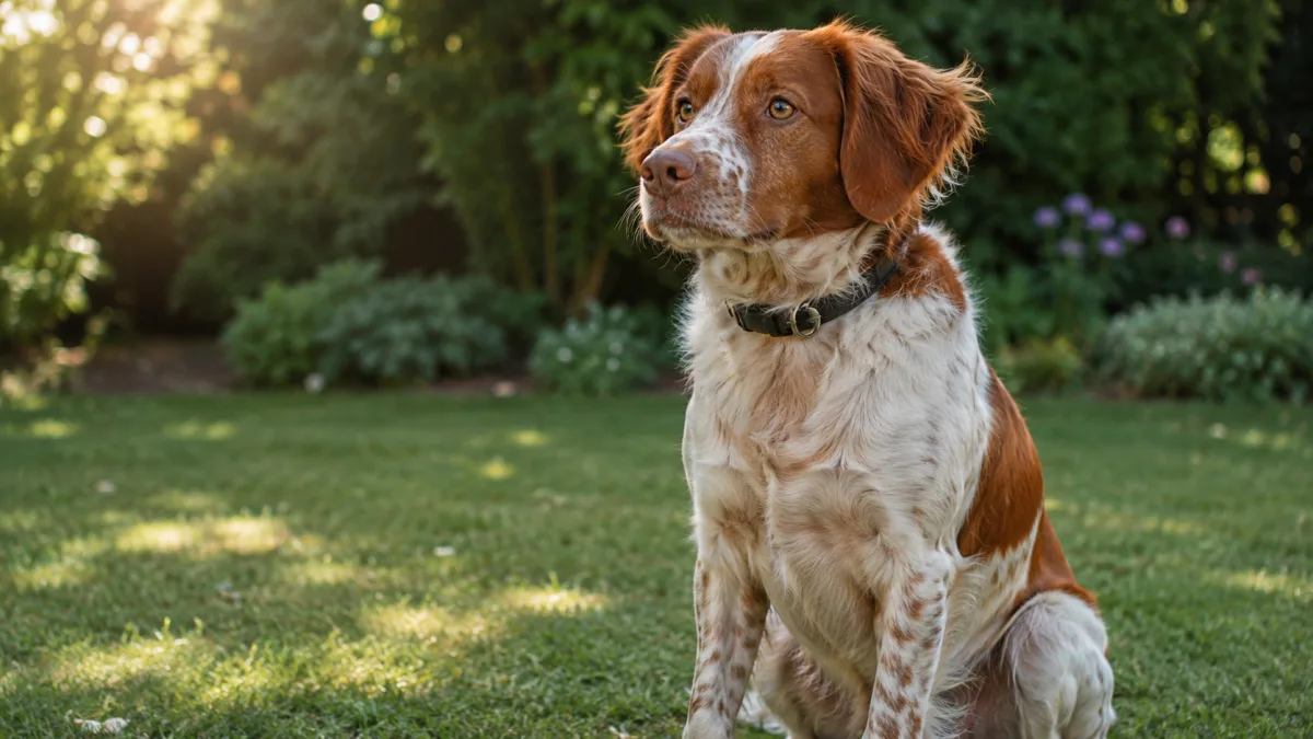 Orange and white Brittany dog sitting attentively in a sunny backyard