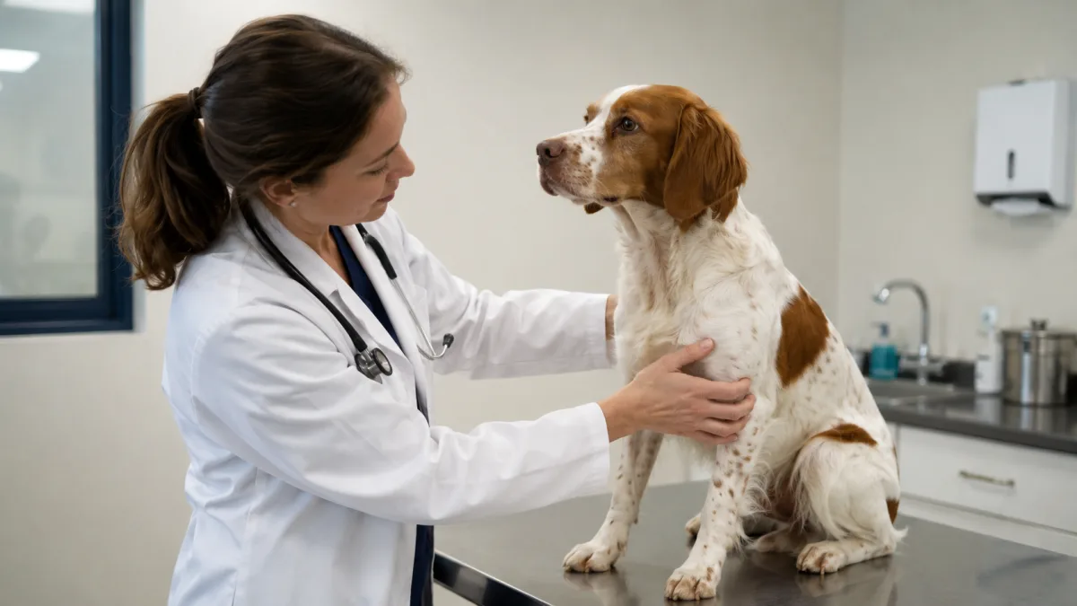 Veterinarian examining a Brittany dog on a clinic table during a health screening