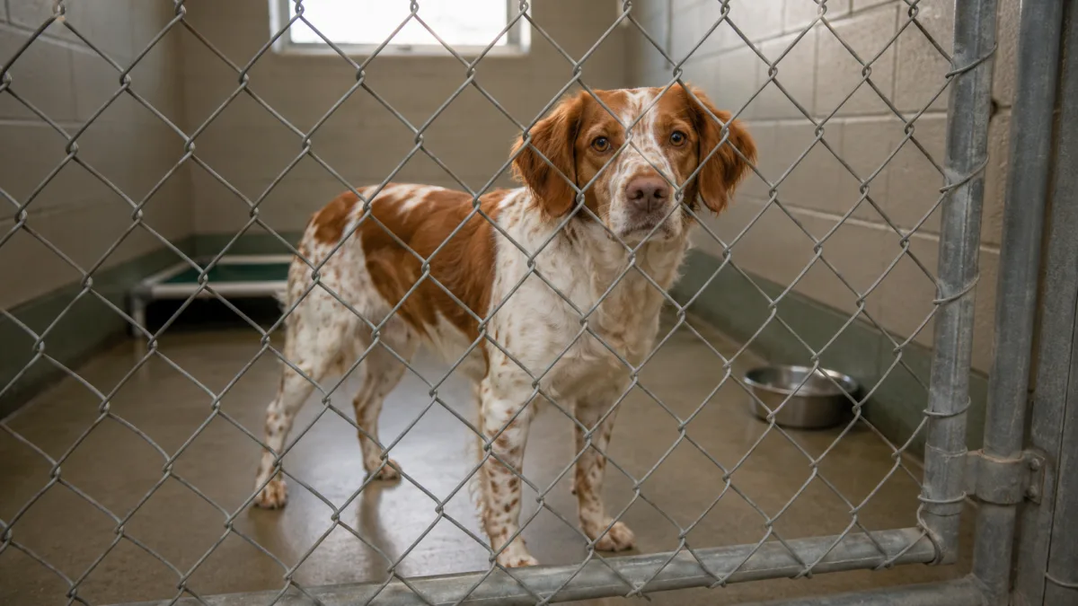 Adult Brittany dog looking out from a rescue shelter kennel