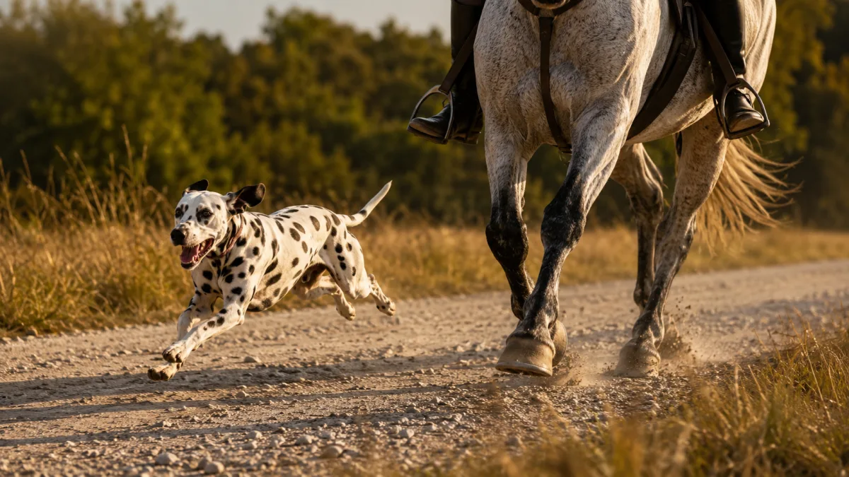 Dalmatian dog running alongside a vintage horse-drawn carriage on a country road