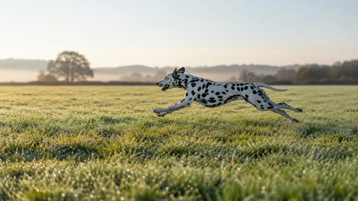 Dalmatian dog running off-leash in an open field at sunrise