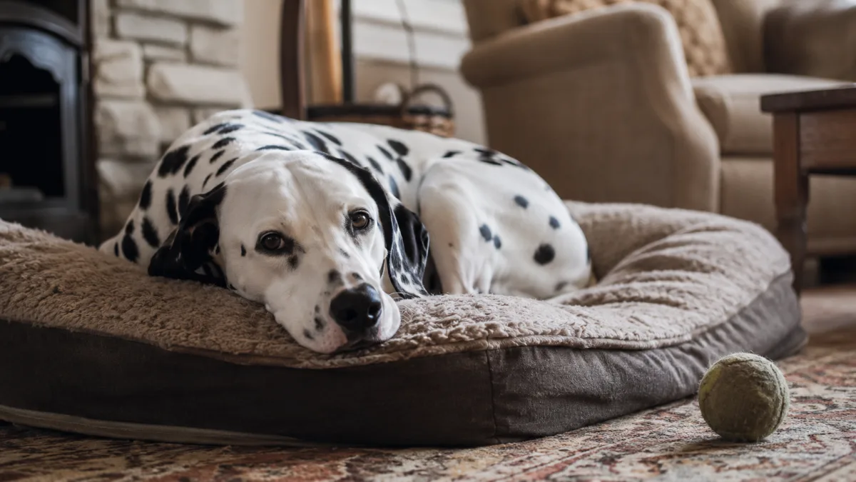 Adult Dalmatian relaxing in a home living room on a dog bed