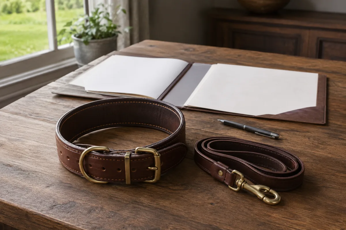 Mastiff health records beside a leash and oversized collar