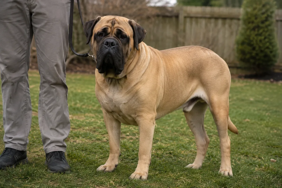 Calm English Mastiff standing beside a handler in a yard