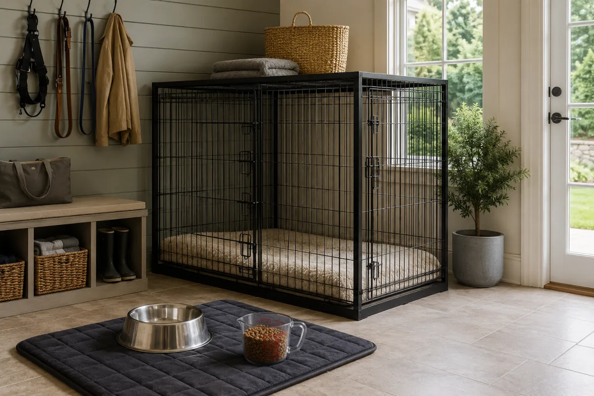 Large dog crate, food bowl, and giant-breed supplies in a home