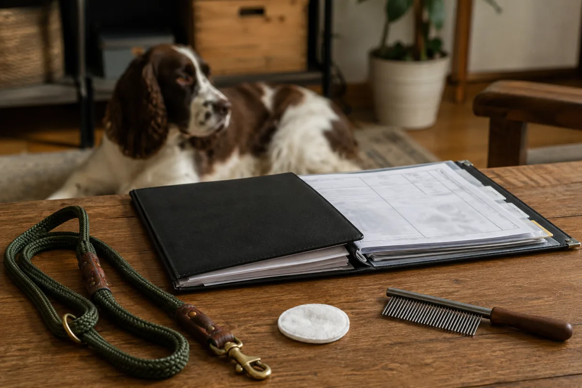 English Springer Spaniel health records beside leash and comb