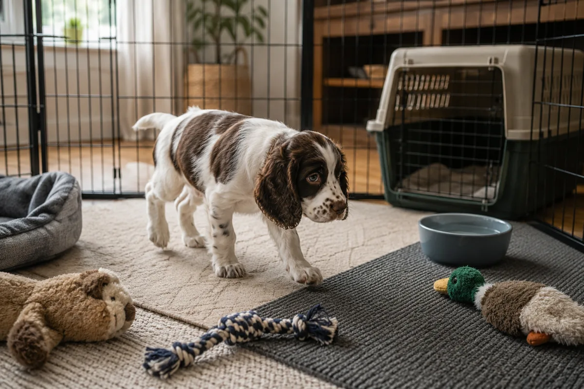 English Springer Spaniel puppy exploring a clean home puppy area
