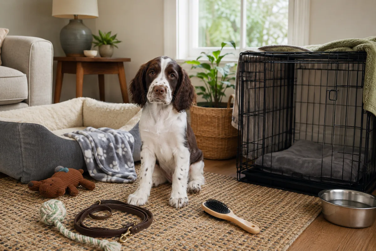 English Springer Spaniel puppy training setup with crate and chew toys
