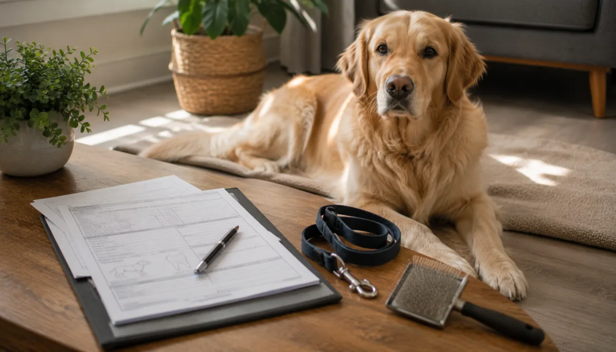 Golden Retriever health records beside a leash and brush