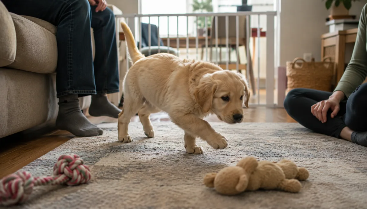 Golden Retriever puppy calmly meeting a family in a supervised room