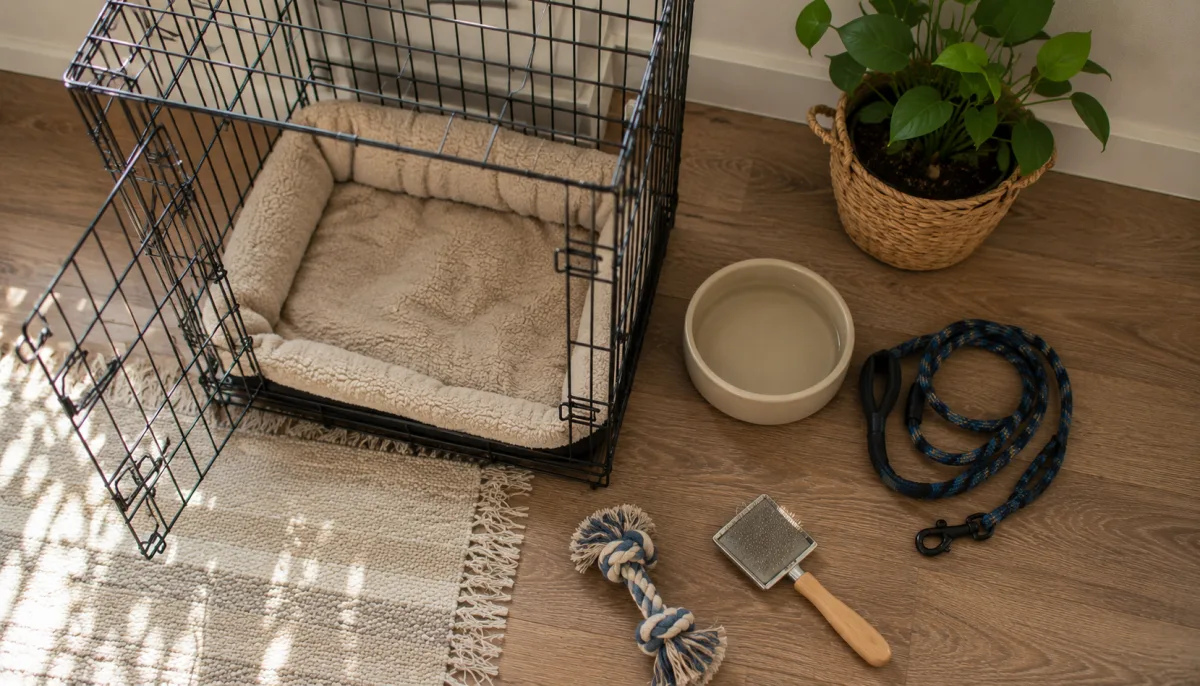 Puppy crate, food bowl, leash, and grooming brush prepared before pickup