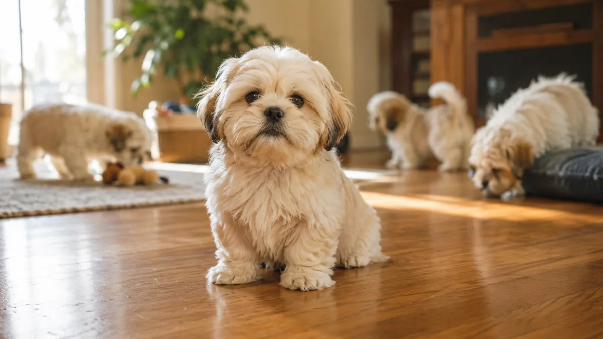 Lhasa Apso puppy with breeder in a home setting