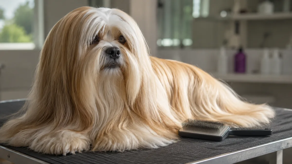 Lhasa Apso with long flowing coat being brushed