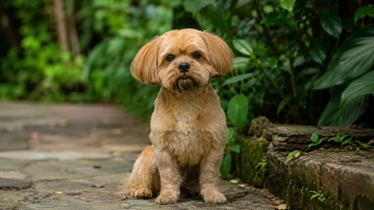 Lhasa Apso in a puppy cut sitting attentively during training