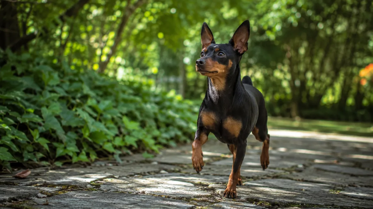 Miniature Pinscher standing alert in a garden, ears erect, showing its characteristic proud hackney gait