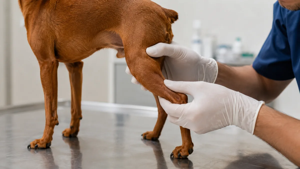 Veterinarian examining a Miniature Pinscher's hind leg for patellar luxation in a clinical setting