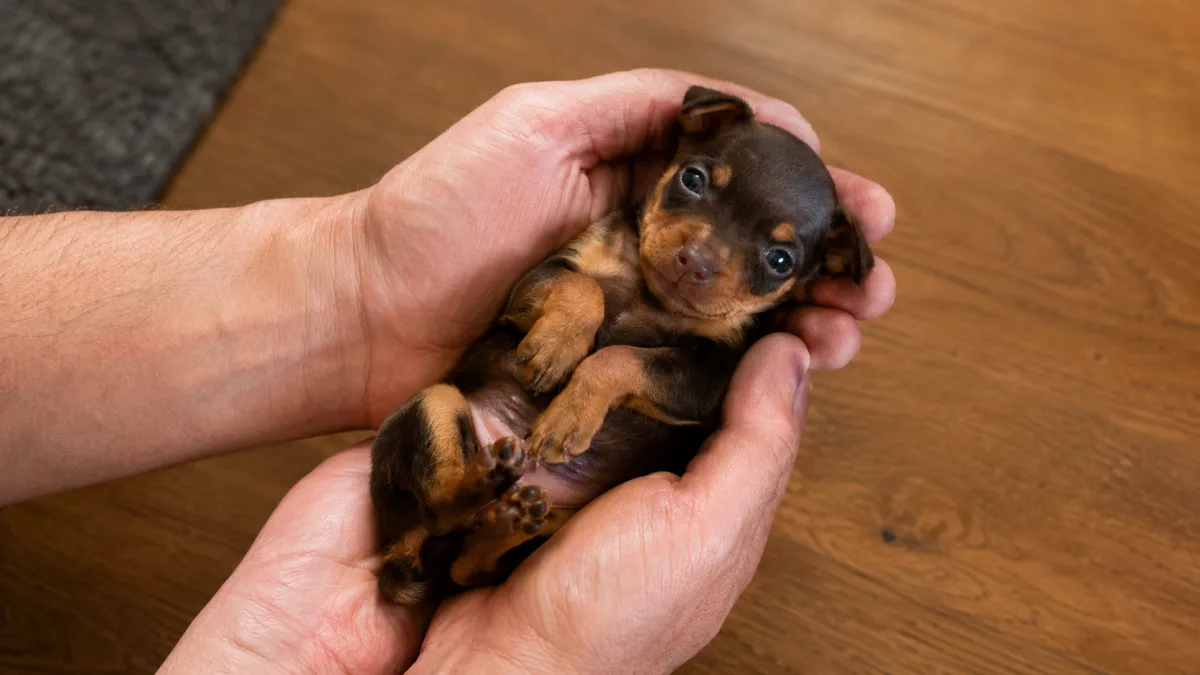 Miniature Pinscher puppy being gently handled by a breeder during the critical socialization window at around six weeks old