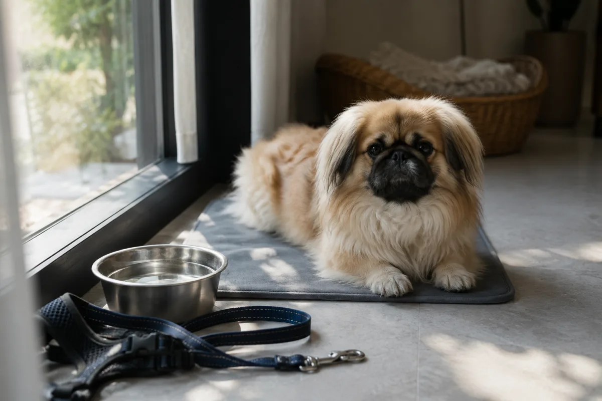 Pekingese resting comfortably in a cool shaded room