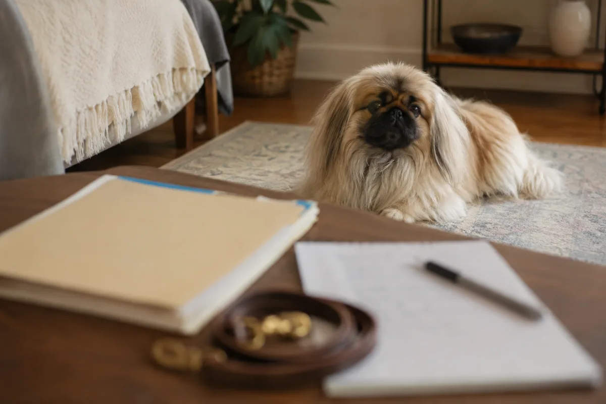 Pekingese breeder questions and health records on a table