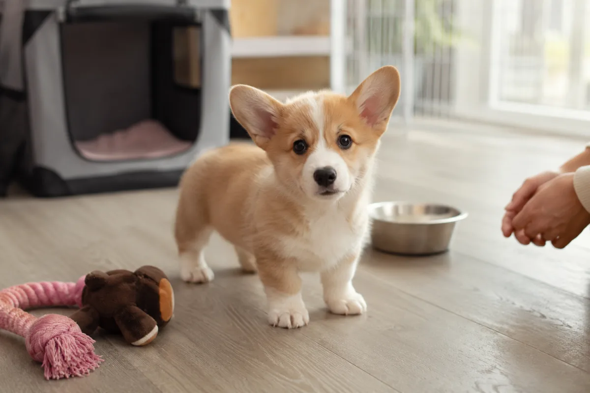 Pembroke Welsh Corgi puppy meeting a visitor in a clean home setting
