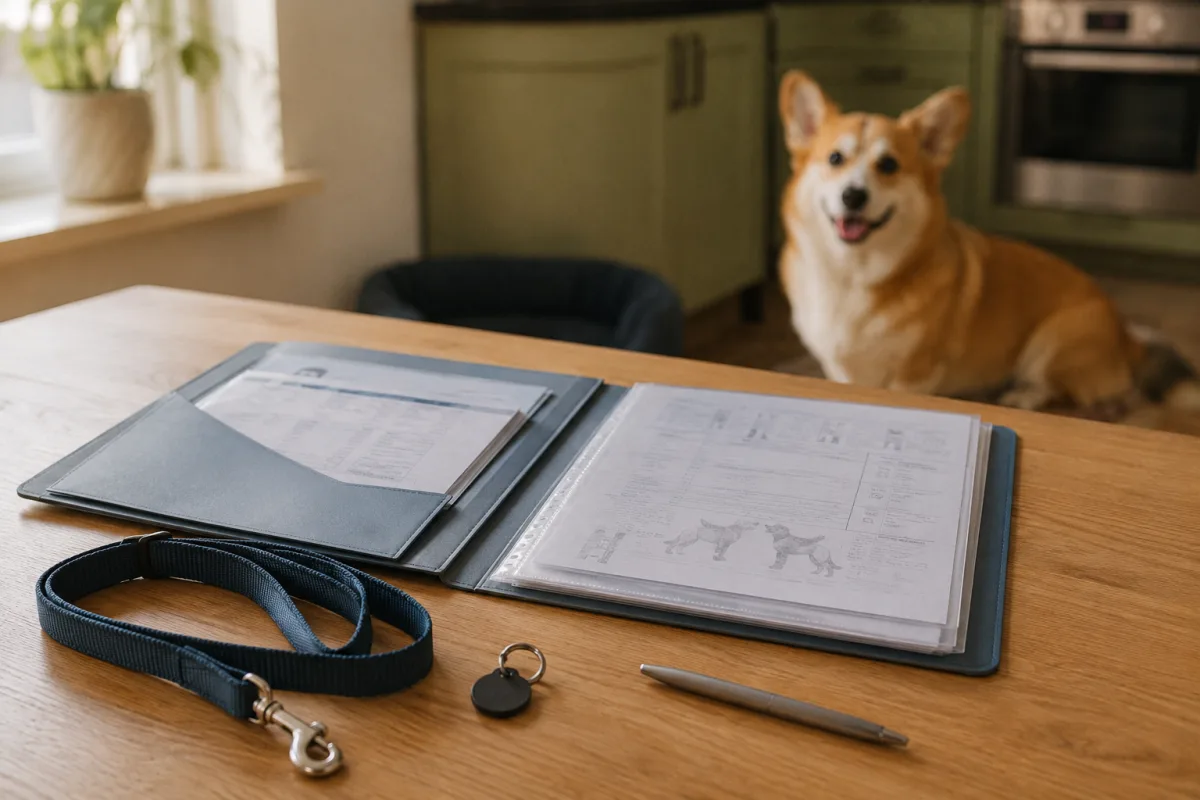 Dog health records and a Corgi leash on a kitchen table