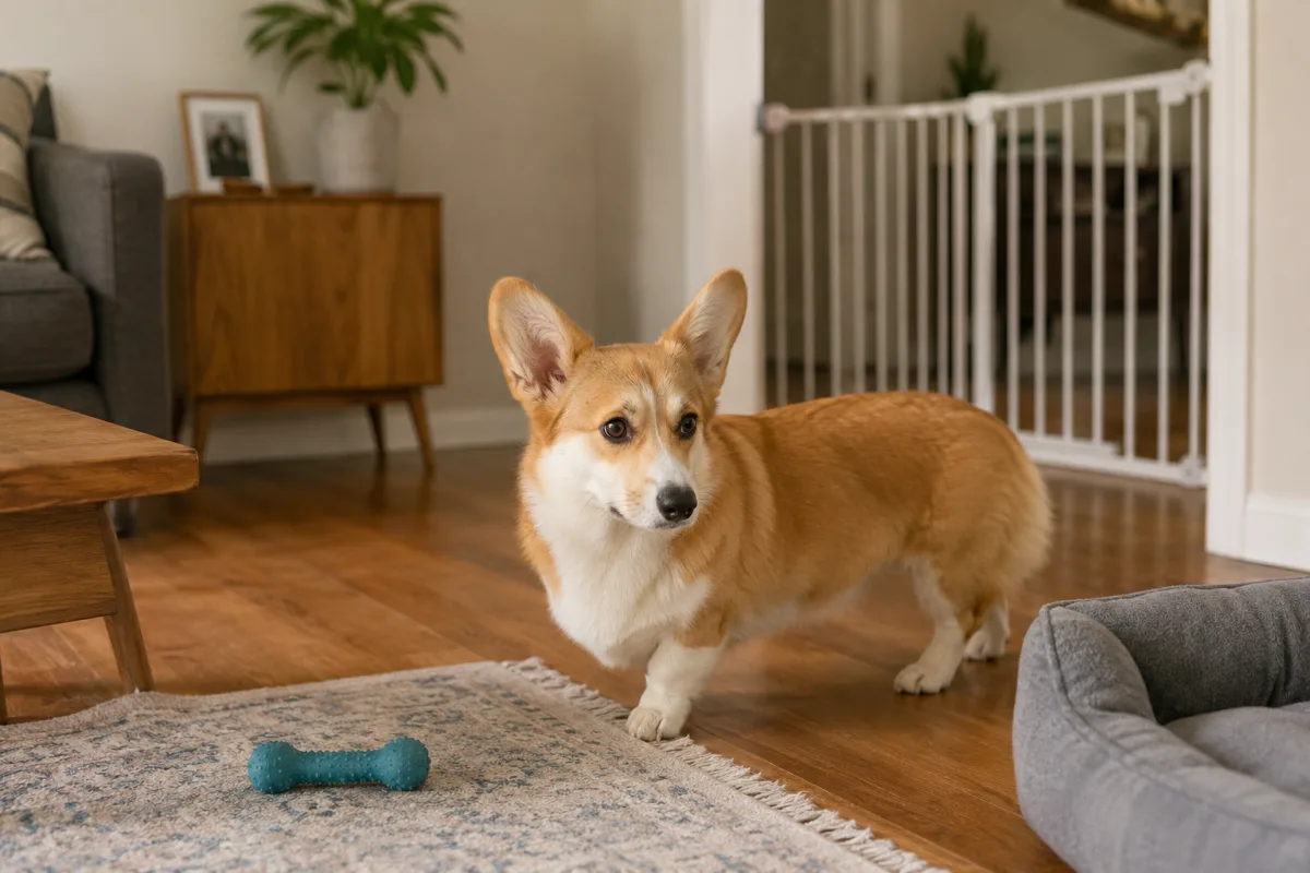 Young Pembroke Welsh Corgi calmly exploring a living room