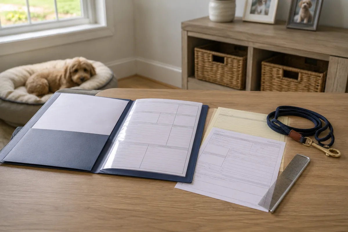 Poodle health records and grooming tools on a breeder's desk