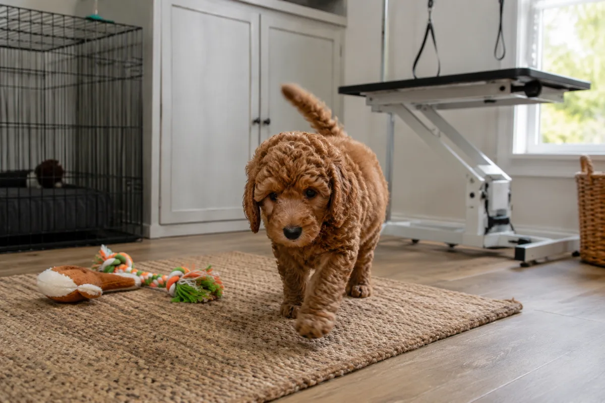 Poodle puppy calmly exploring a home socialization setup