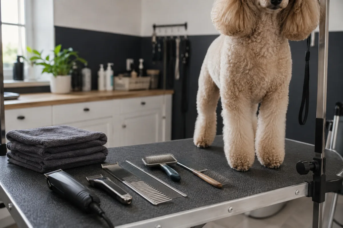 Poodle grooming station with clippers, combs, and towels