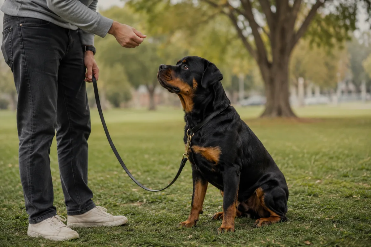 Rottweiler practicing calm training with owner