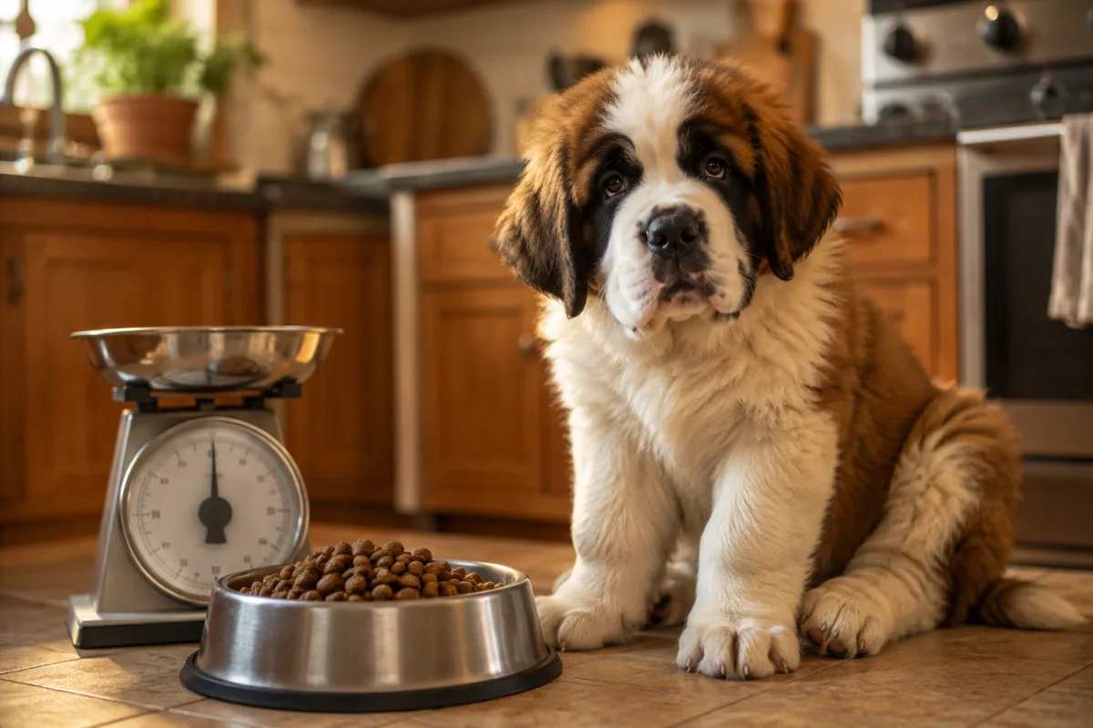 Saint Bernard puppy near measured food bowl