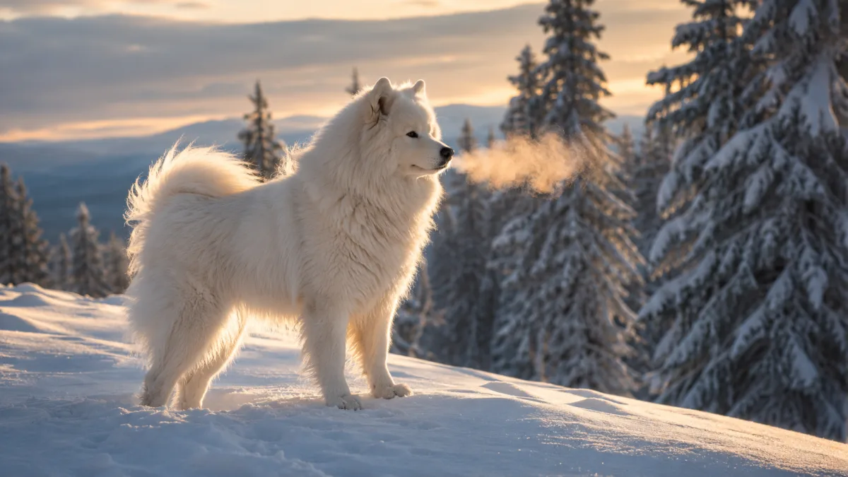 Samoyed dog standing outdoors in winter snow, thick white double coat fully visible
