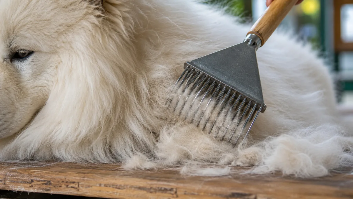 Close-up of Samoyed undercoat being brushed out with a grooming rake