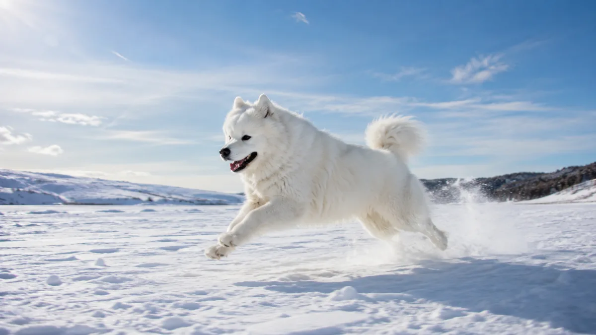 Samoyed running at full speed across a snowy open field