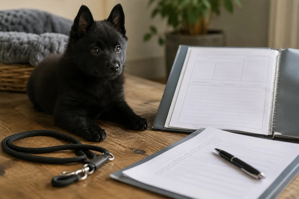 Schipperke health records and puppy checklist on a table
