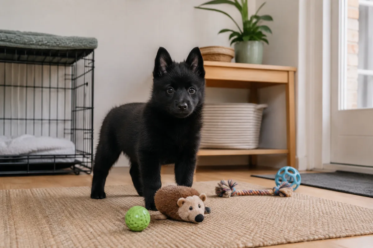 Schipperke puppy exploring a home socialization area