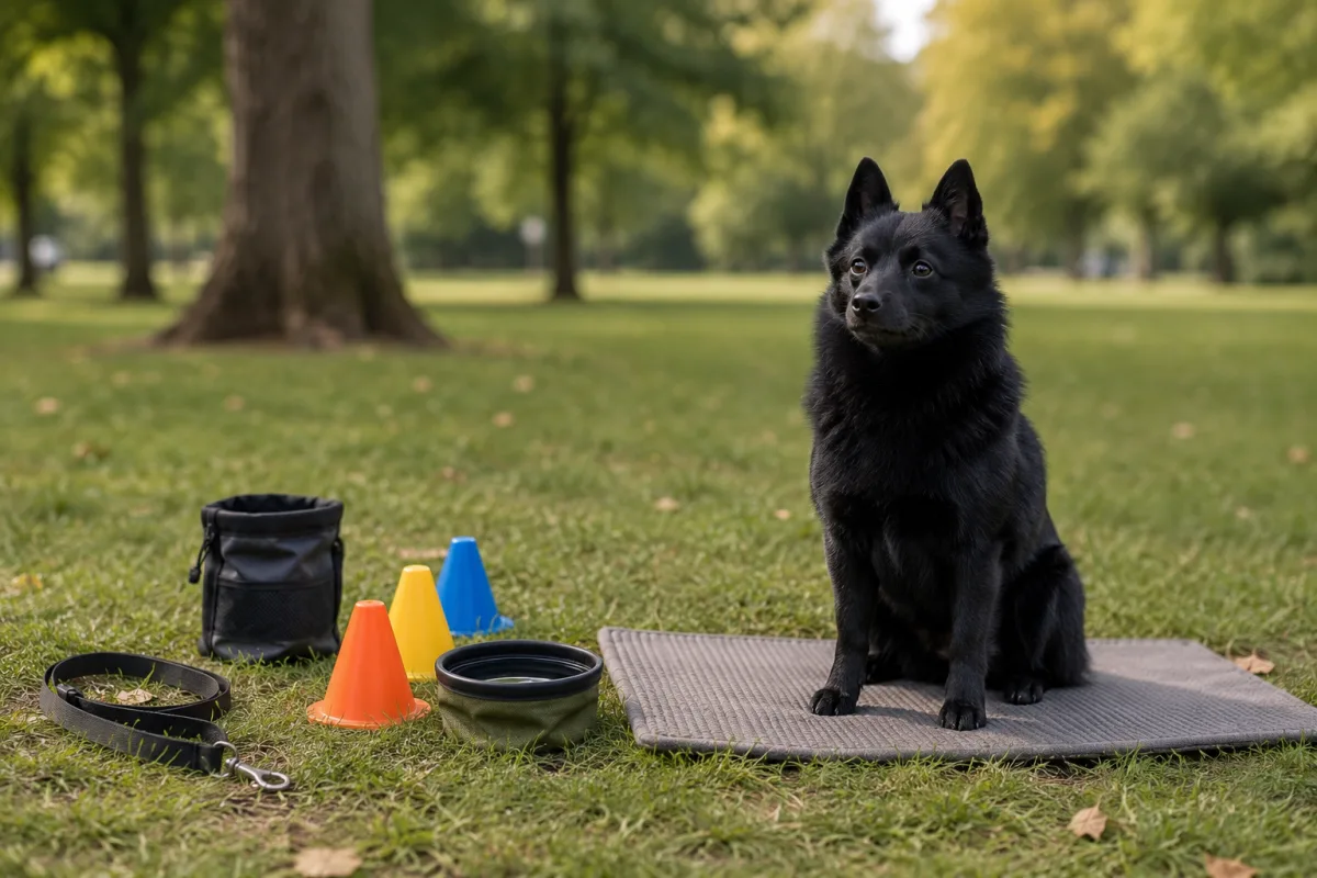 Schipperke training setup with leash, treats, and place mat